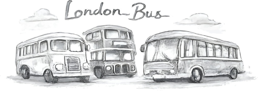 Hand sketchbook occupation illustration set featuring London bus in soft pencil sketch colors with artistic brush textures and playful travel-inspired composition. Perfect for travel decor