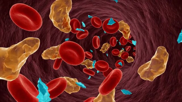 Microplastic fragment, hazardous particle flowing inside human blood vessel alongside red blood cell, cholesterol plaque, visualizing the dangers of plastic pollution, severe health risk.