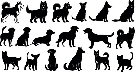 Fototapeta premium Dog Silhouette Collection Featuring Sitting Standing Walking and Playful Canine Poses for Pet Care and Animal Design Projects