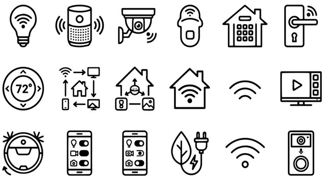 Smart home automation icons, 18 IoT line vector set, house tech