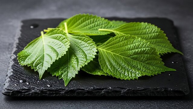 Fresh Green Perilla Leaves on a Dark Slate Surface.