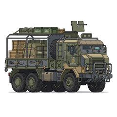 Obraz premium Military logistics truck loaded with supplies, pixel art