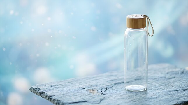 Clear water bottle with cork stopper on icy surface in cold weather