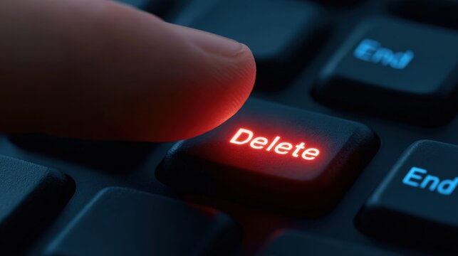 Close-up of a finger pressing a glowing red delete key on a black computer keyboard with illuminated text and surrounding keys in soft focus