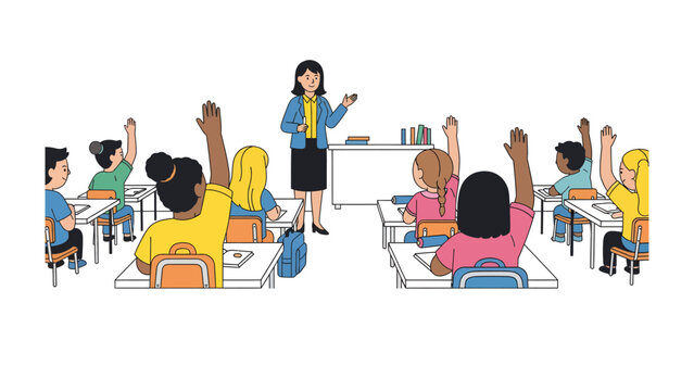 Classroom Learning: A dedicated teacher stands before a classroom of eager students, their hands raised, ready to participate and learn.
