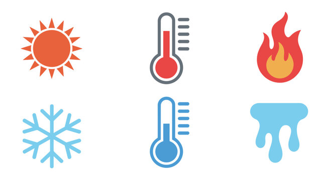 Temperature Icons Set, Red Sun Fire Symbols And Blue Snowflake Ice Cube Elements, Weather Forecast And Climate Condition Vector Illustration.