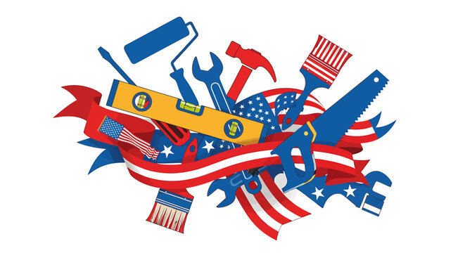 Patriotic Professional Tools With Red and Blue Ribbons and American Flag Motifs on White