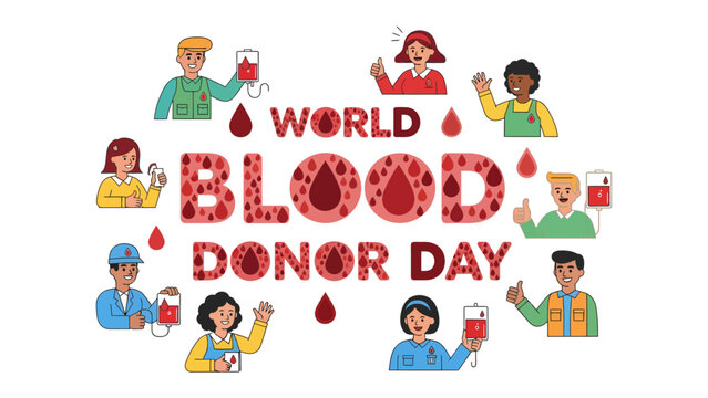 World Blood Donor Day Illustration: Diverse group of people celebrating World Blood Donor Day with blood bags and droplets, promoting the importance of blood donation.