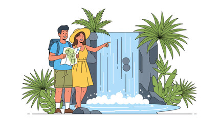 Couple at Waterfall with Map: A happy couple, dressed for summer travel, stands beside a cascading waterfall. The woman points towards a distant point on a map held by the man. © Md