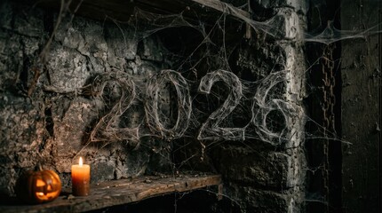 Fototapeta premium Cobweb year 2026 on stone shelf with candle flame in dark cellar. Halloween concept.