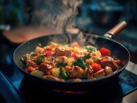 Cooking food in a pan with steam rising