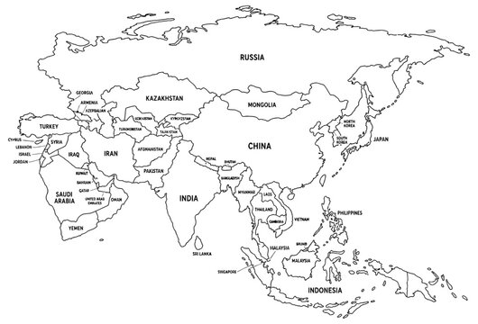 Detailed black and white outline map of the continent of Asia showing all major country borders and names for educational study purposes presented on transparent background
