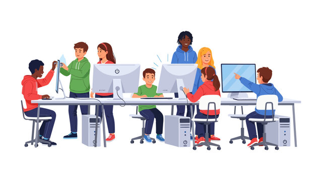 Digital Classroom Harmony: Children engage in collaborative learning within a modern computer lab, surrounded by educational technology and diverse peer interaction.