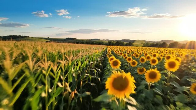 Scenic aerial view of golden sunflower field bordering cornfield during sunny day with blue sky and setting sun