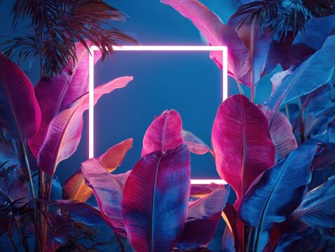 Neon square frame with vibrant tropical foliage