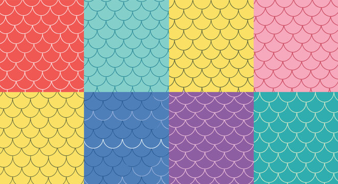 Collection of eight different colored mermaid scale or scallop shell patterns creates a vibrant grid for background design uses.