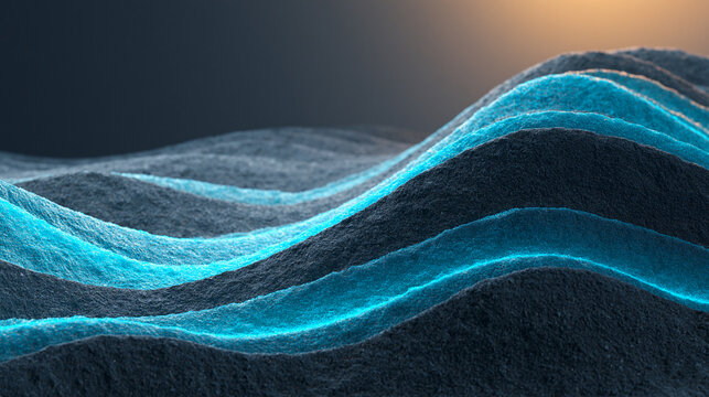 Minimalist 3D render of undulating dark waves with glowing cyan accents, suitable for abstract backgrounds.