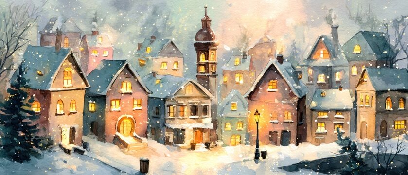 Snowy village watercolor painting
