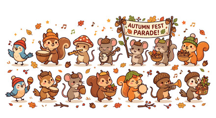 Fototapeta premium Kawaii Autumn Fest Animal Parade with Music