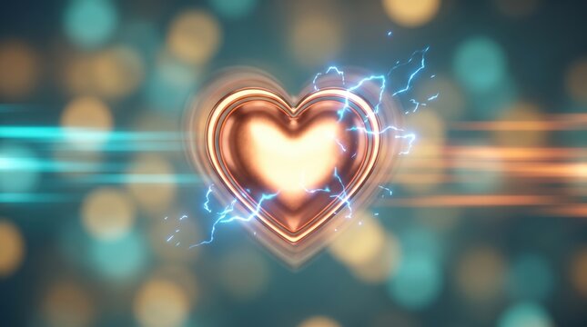 Passion and energy concept with glowing heart and electric lightning, 3D render. Love, attraction and cardiovascular health for emotional wellness.