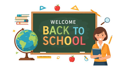 Welcome Back to School Classroom Scene: A cheerful teacher stands beside a blackboard displaying Welcome Back to School, surrounded by educational symbols like a globe, books, and an apple. © Md