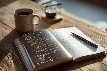 Fototapeta premium An open notebook with a pen resting on the right page displaying handwritten text and the left page showing illuminated lines of code is placed beside a coffee cup on a rustic wooden desk