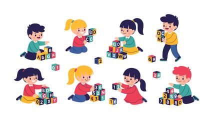 Fototapeta premium Childhood Play and Learning: A group of diverse children enthusiastically engage in building towers with alphabet blocks, fostering creativity and early learning in a joyful, playful setting.