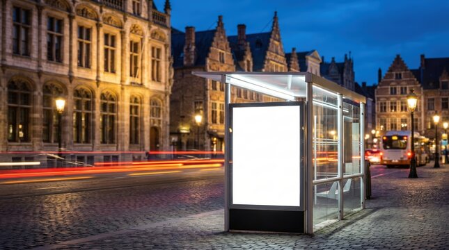 Blank outdoor billboard mockup at a bus stop in a historic European city at night. Marketing display and street furniture for advertising.