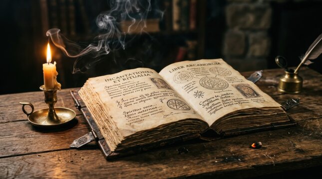 Open spellbook with candle and smoky atmosphere on wooden table. Halloween concept.