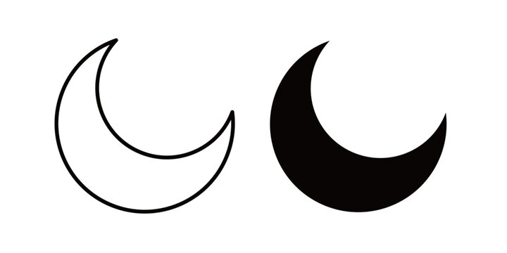 Moon icon in outline and solid style, isolated on white background. Ideal for dark mode, night theme, and sleep features in mobile and web design