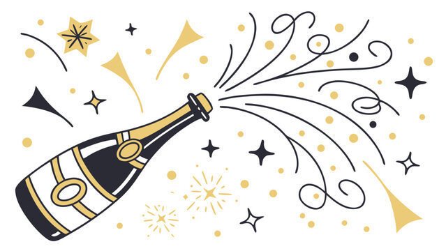 Vector illustration of a champagne bottle exploding with confetti and stars champagne celebration confetti
