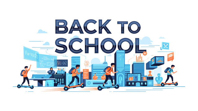 Back to School Celebration: A vibrant illustration depicting students joyfully riding scooters towards a cityscape with BACK TO SCHOOL prominently displayed, symbolizing a fresh academic journey.