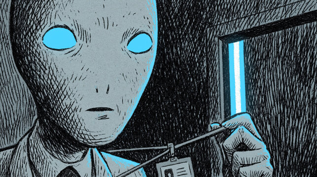 Alien Corporate Worker Holds Blue Badge Lanyard Against Office Cubicle Grid