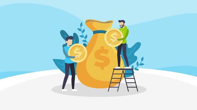 People Saving Money in Giant Gold Coin Bag Animation &ndash; Business Finance Wealth and Investment Concept