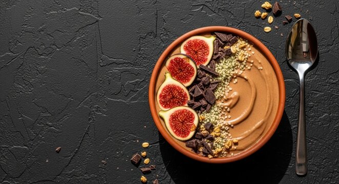 Healthy breakfast smoothie bowl with fresh figs and cacao nibs on dark stone background.