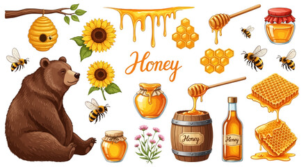 Honey, bees, sunflowers, bear, icons, 25 elements, vector graphics, food, drink, sweet, honeycomb, bee hive