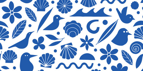 Abstract blue and white pattern with seashells birds and flowers minimalist organic shapes background in flat style © Sadhin07