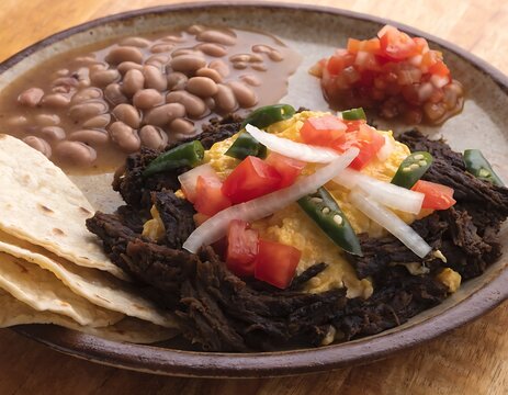 mexican tostada plate with beans rice pico de gallo topping