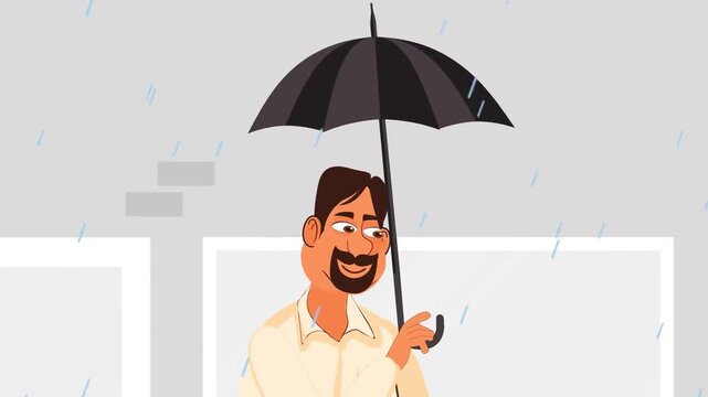 Man Standing in Rain with Umbrella Animation &ndash; Monsoon Rainy Season and Weather Protection Concept