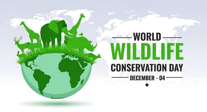 World wildlife conservation day poster with green earth and animals isolated on white background