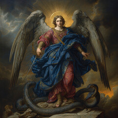 Obraz premium Majestic Angelic Warrior in Clouds – Generative AI – no real persons