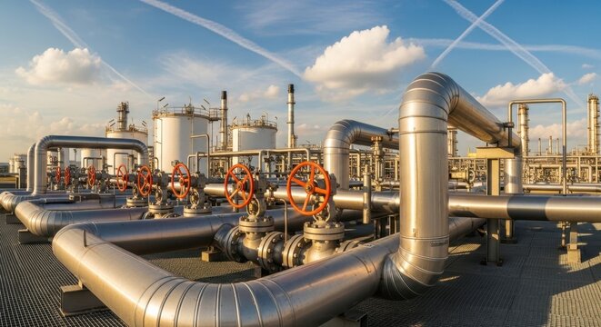 Industrial refinery complex with metal piping and valves at sunset.