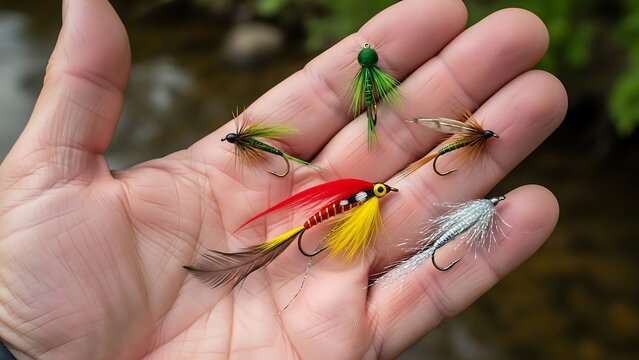 Hand Holding Assortment of Colorful Fishing Lures for Fly Fishing.