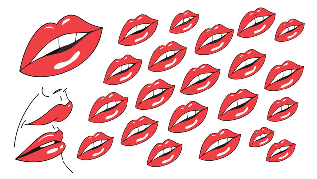 Vector illustration of numerous red open lips in different sizes, pattern of kisses and beauty, illustration