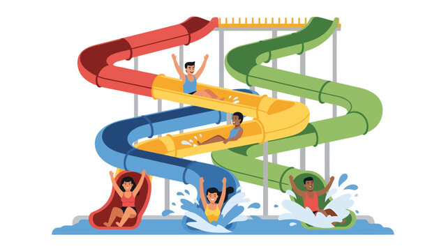 Water Slide Fun: Thrill-seekers experience the exhilarating rush of sliding down vibrant, multi-colored water slides at an amusement park. Splashing into the cool water below.