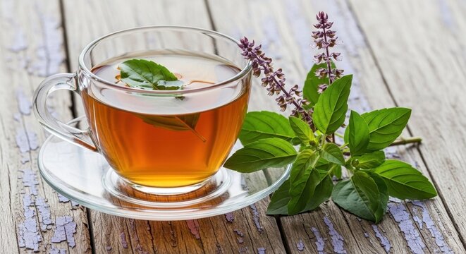 A cup of refreshing Tulsi holy basil herbal tea on a rustic wooden table.