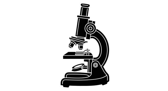Black and white illustration of a microscope with a circular lens and adjustable knobs, isolated on a plain background.