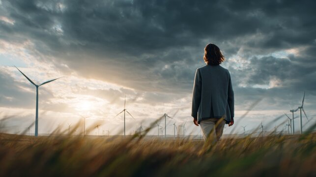 Man walks through grass in a wind farm during sunset with wind turbines in the background and cloudy skies above