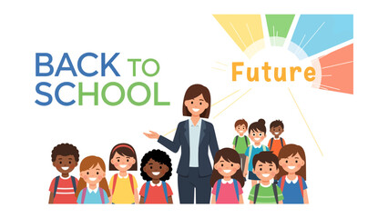 Back to School, Brighter Future: A welcoming teacher stands with a group of diverse, smiling students, embodying the excitement and promise of a new school year and a hopeful future. © Md