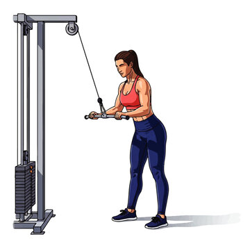 Illustration of a Fit Woman Performing Tricep Pushdowns on a Cable Machine Gym Equipment Isolated on White